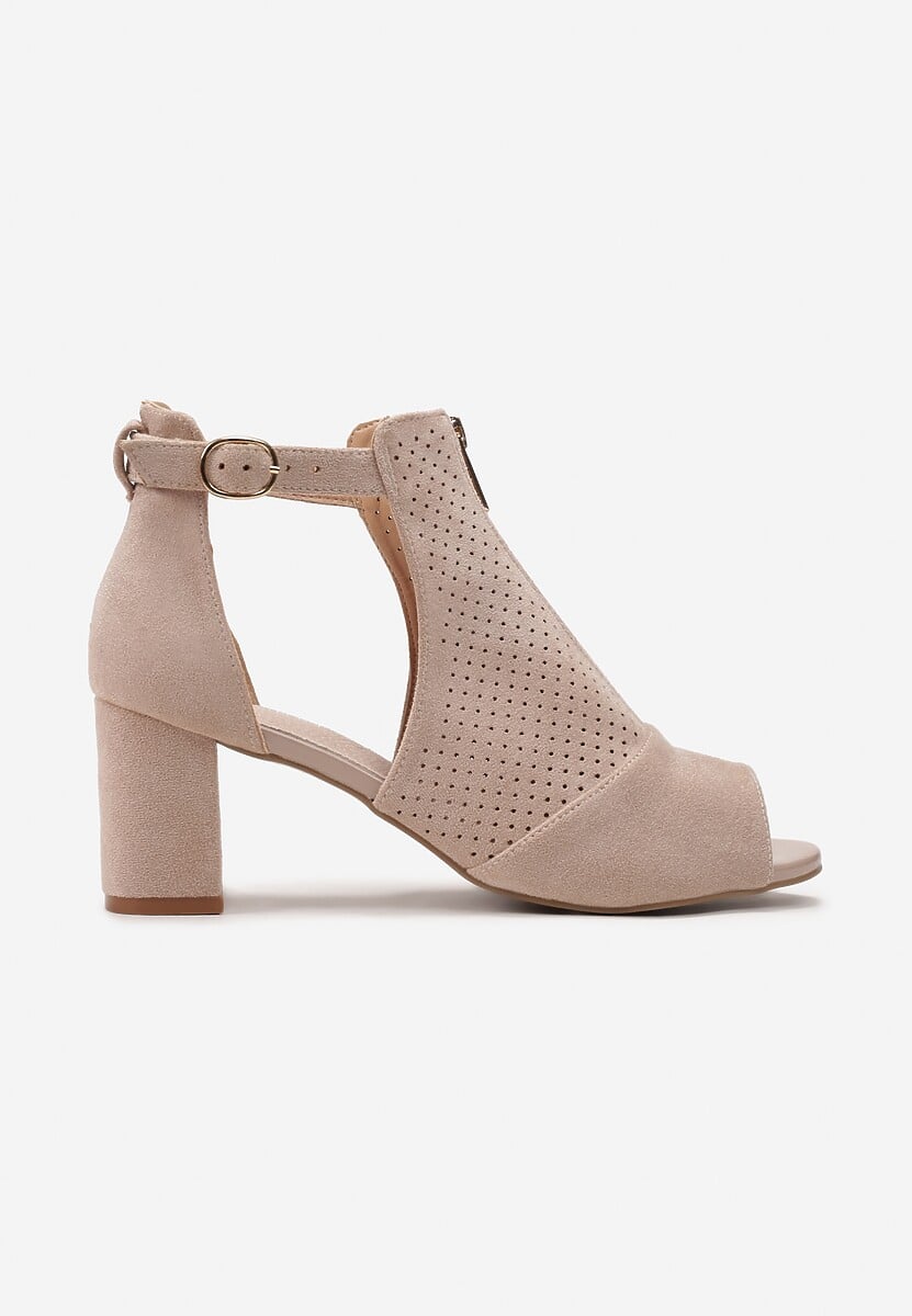 Beżowe Sandały na Obcasie z Suwakiem Zdobione Perforacją i Wycięciami c