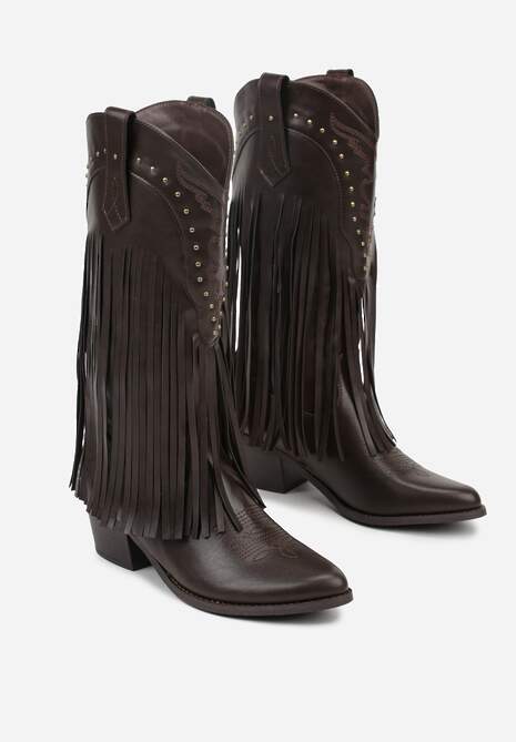 Brązowe Botki Kowbojki na Stożku z Cholewką z Ćwiekami i Frędzlami Elles