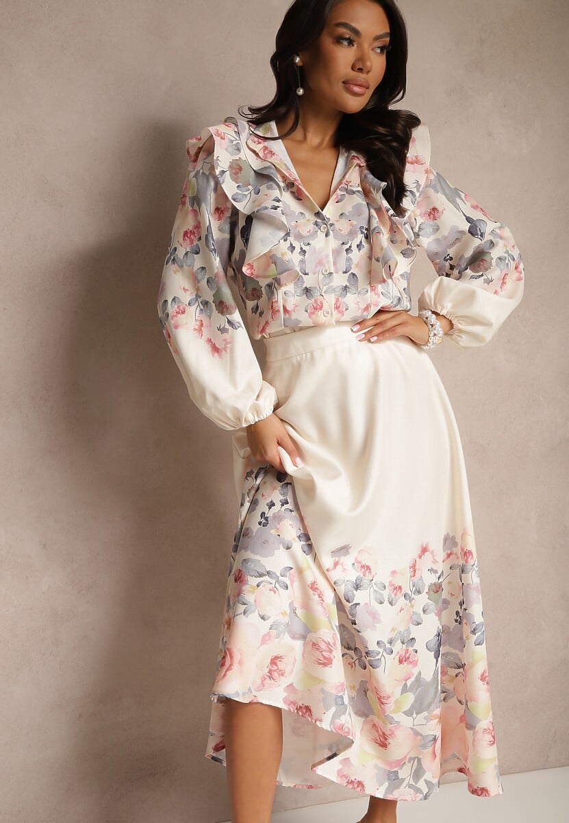 Beżowy Wiskozowy Kwiatowy Komplet z Bawełną Spódnica i Koszula Taliossa