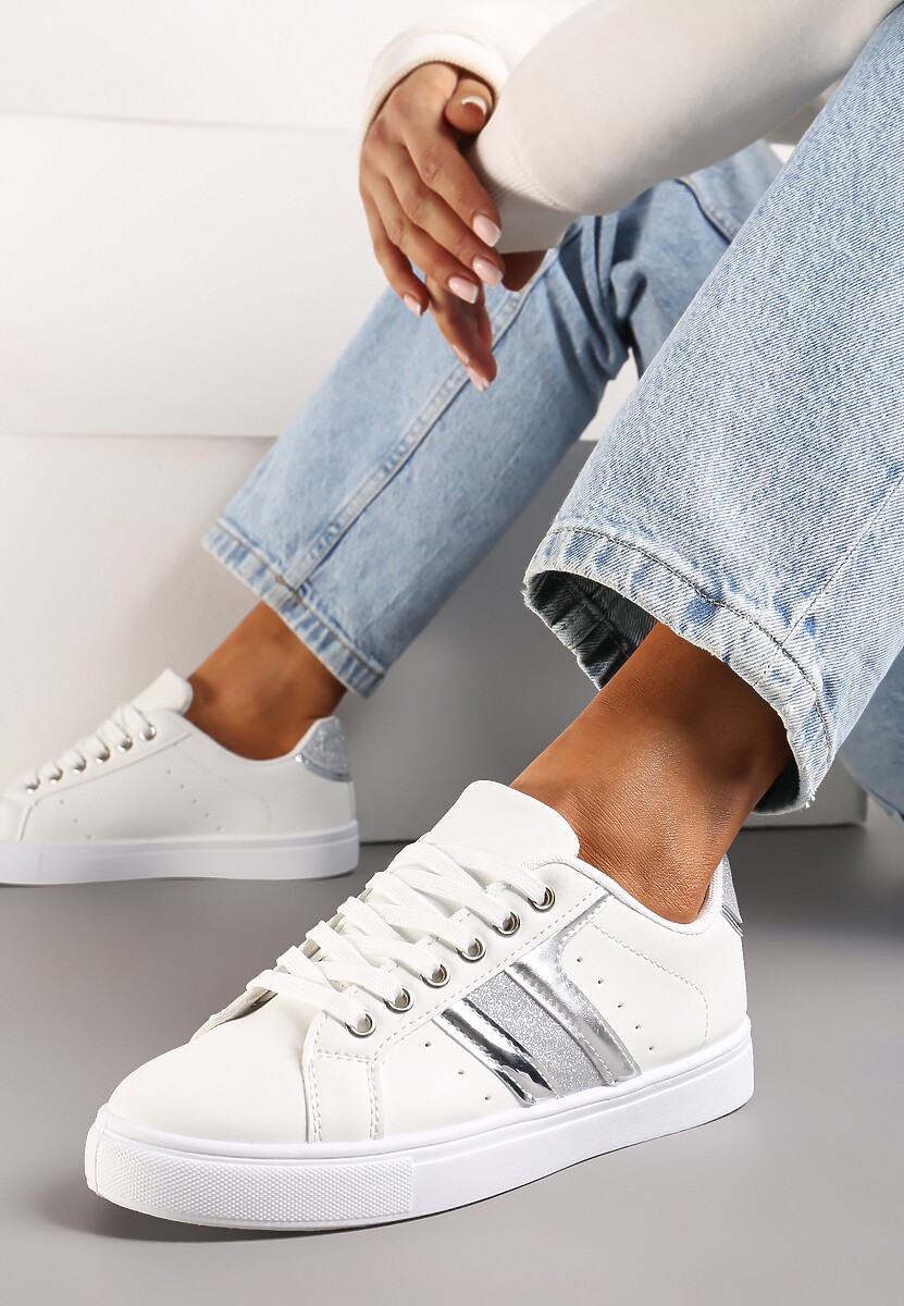 Biało-Niebieskie Casualowe Sneakersy z Brokatem i Metalicznym Zdobieniem Tidalis