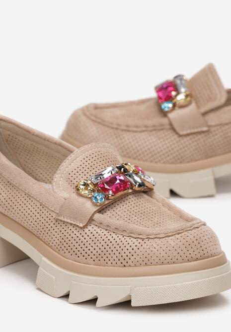 Ciemnobeżowe Mokasyny z Kryształami i Wkładką ze Skóry Naturalnej Zaidy