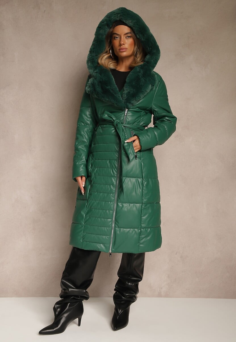 Beżowa Kurtka Pikowana Długa Płaszcz z Imitacji Skóry z Futerkiem Flechie