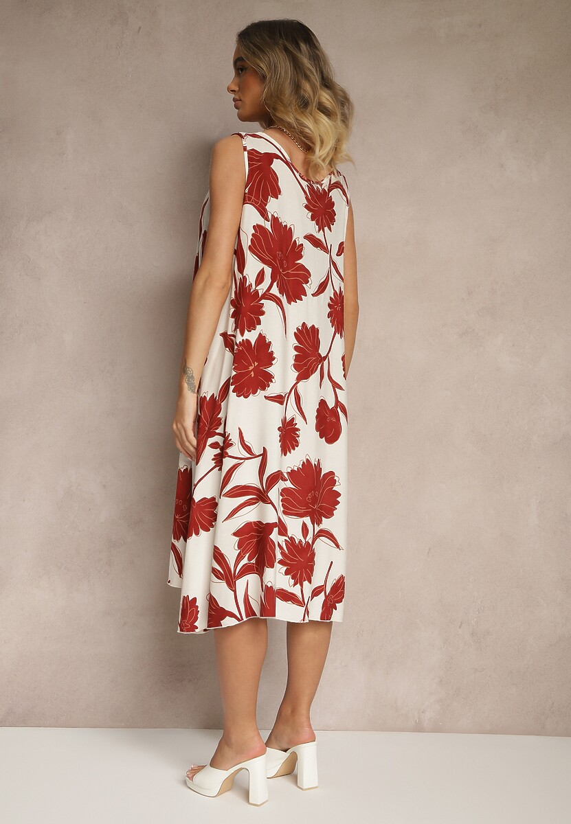 Bordowa Sukienka Bez Rękawów z Tkaniny Wiskozowej w Kwiaty Orrivia