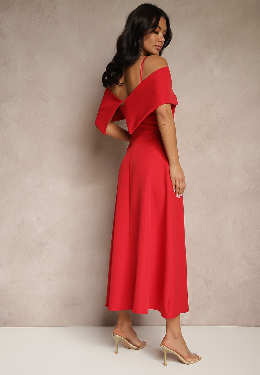 Czerwona Rozkloszowana Sukienka na Ramiączkach z Wywiniętym Dekoltem Jenavitia