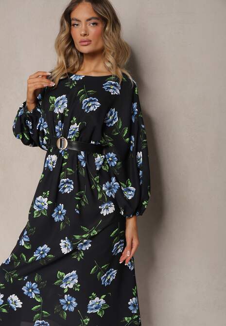 Czarno-Niebieska Midi Sukienka w Kwiaty o Rozkloszowanym Kroju z Rękawami Nietoperz Jervia