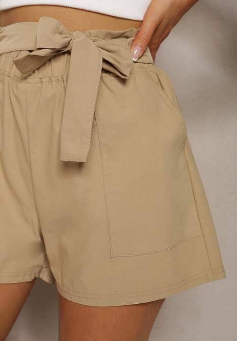 Beżowe Szorty Bermudy High Waist z Dodatkiem Bawełny Wiązane w Pasie Quisevia