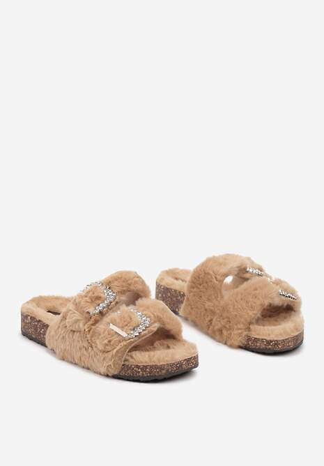 Brązowe Klapki z Futerkiem na Korkowej Podeszwie Ozdobione Cyrkoniami Belilae