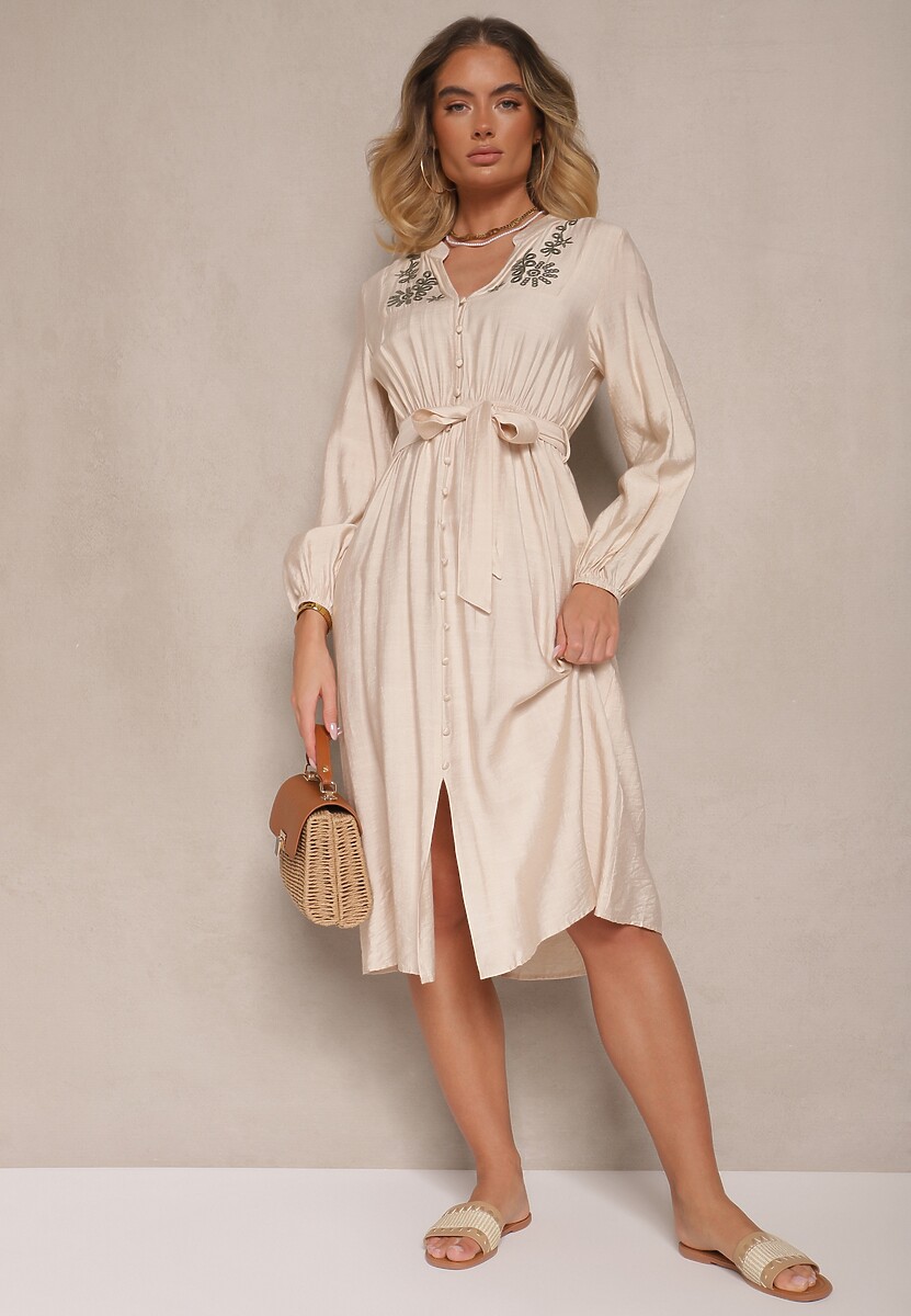 Beżowa Rozkloszowana Sukienka z Wiskozą Zdobiona Haftem i Wiązanym Paskiem Elvania