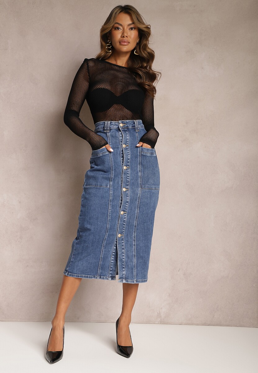 Niebieska Jeansowa Spódnica Midi Zapinana na Guziki Mimmera