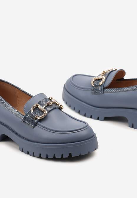 Niebieskie Mokasyny na Platformie z Cyrkoniami na Metalicznej Aplikacji Mailla