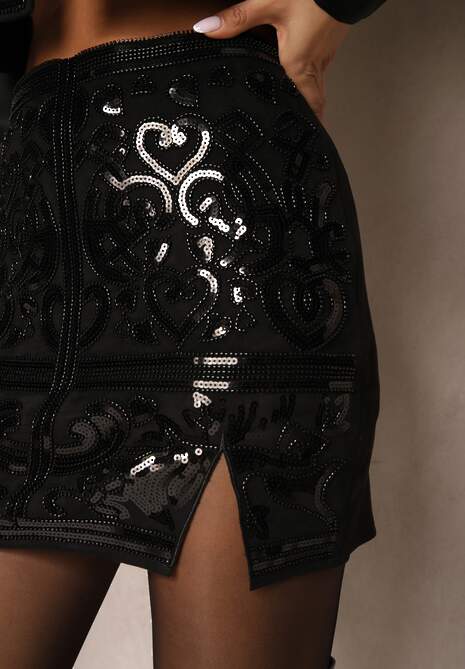 Czarna Ołówkowa Spódnica Ozdobiona Koralikami i Cekinami Enasith