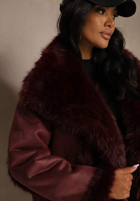 Bordowa Dwustronna Kurtka Biker Ozdobiona Futerkiem Flitta