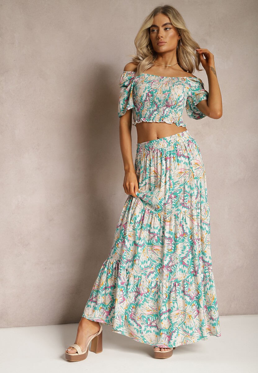 Fuksjowo-Beżowy Wiskozowy Komplet na Lato Bluzka Hiszpanka i Długa Spódnica Lawn