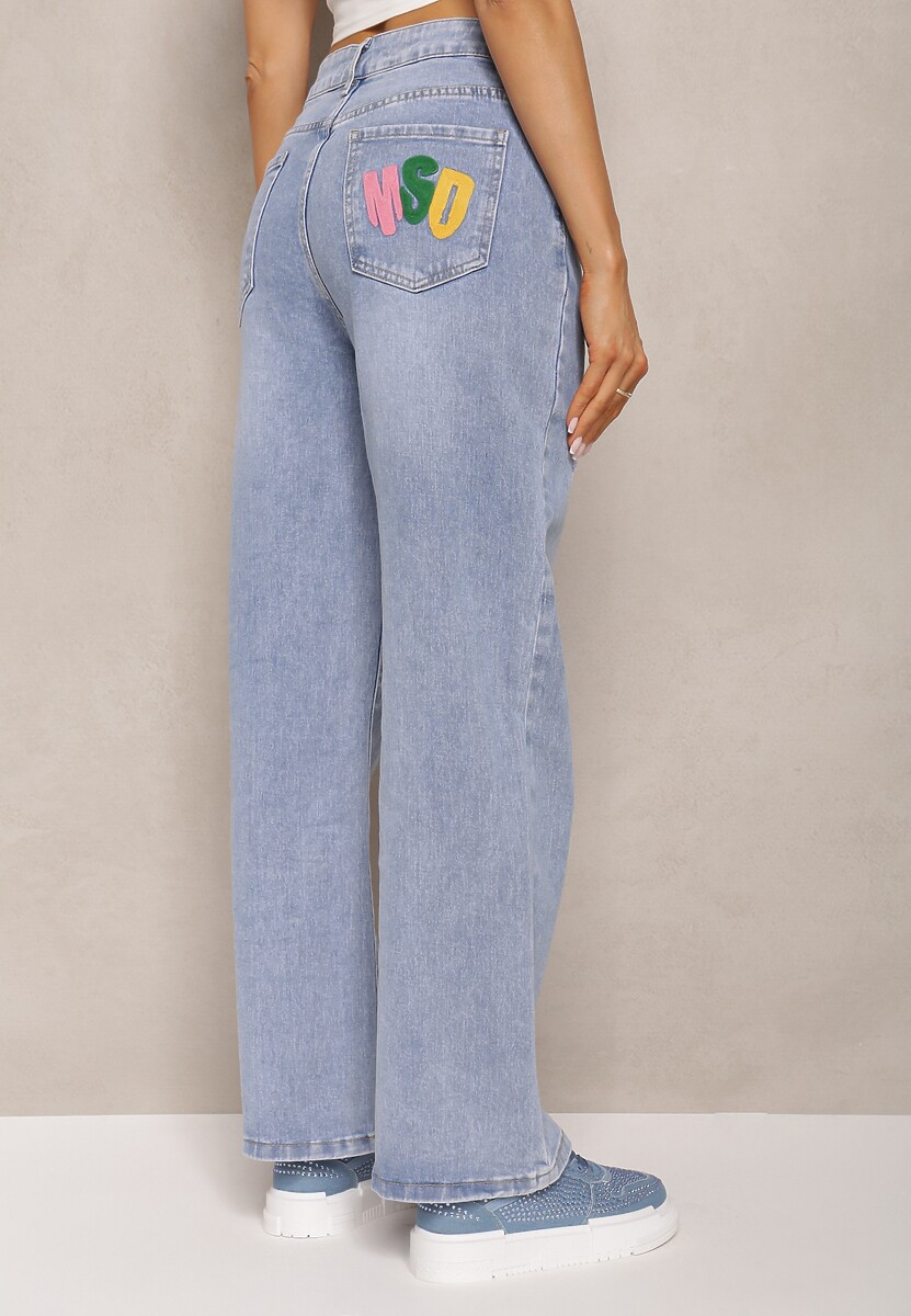 Niebieskie Szerokie Jeansy z Bawełny Ozdobione Haftami Hiame