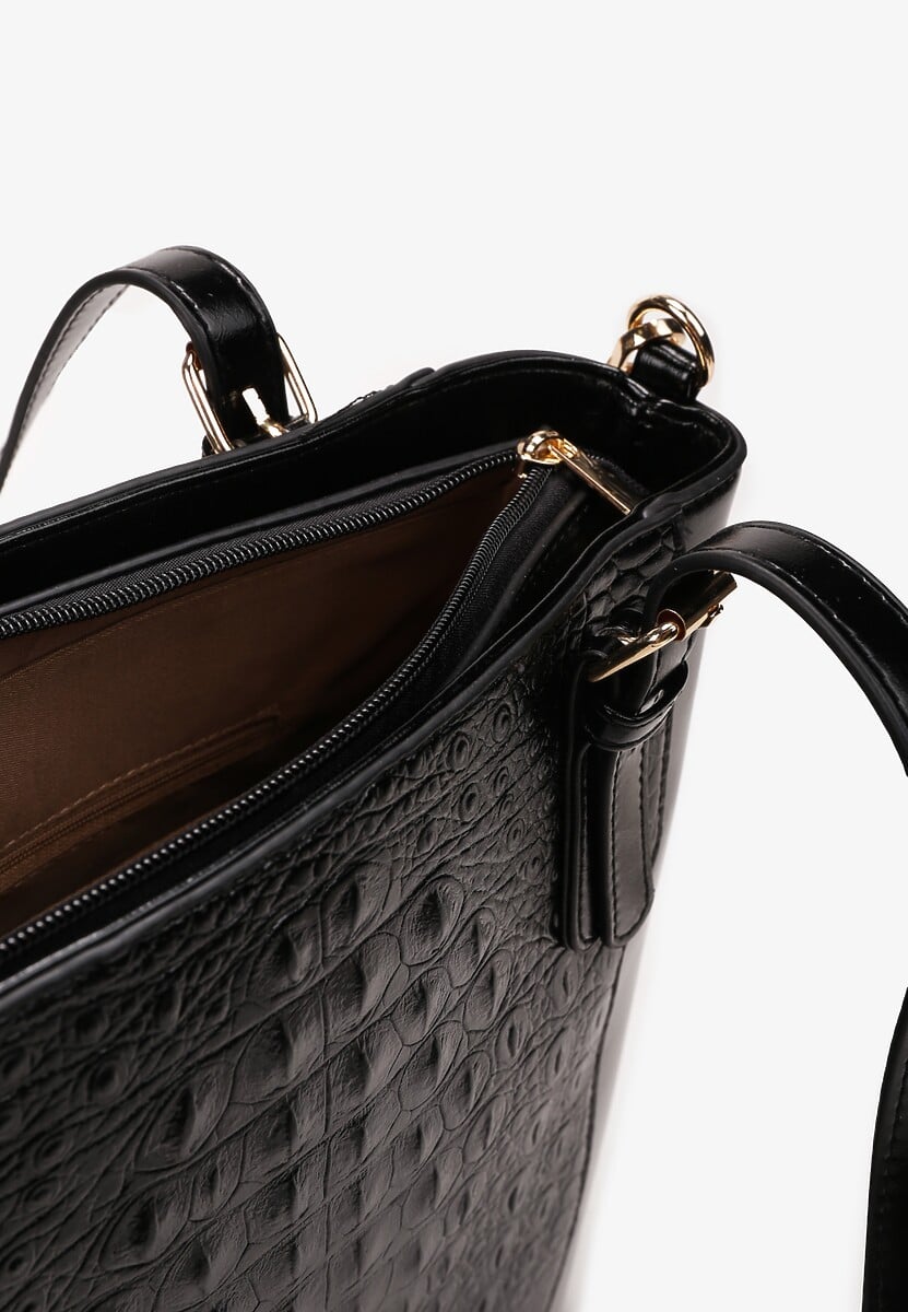 Czarna Duża Torebka na Ramię z Ozdobnym Tłoczeniem Kelin