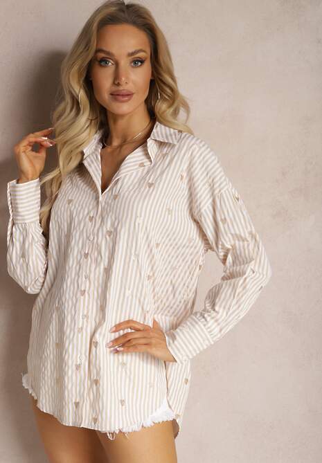 Jasnobeżowa Bawełniana Koszula Ozdobiona Wzorem w Cienkie Paski i Serduszka Vatille