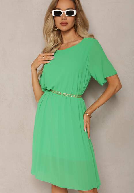 Zielona Plisowana Sukienka o Rozkloszowanym Kroju Orxiala