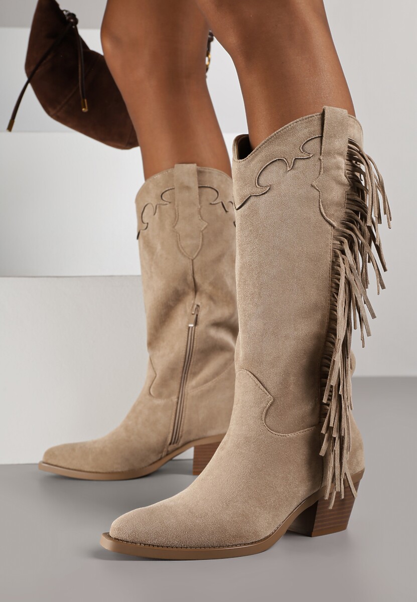 Ciemnobrązowe Kozaki Kowbojki na Stożku Ozdobione Frędzlami Reianeva