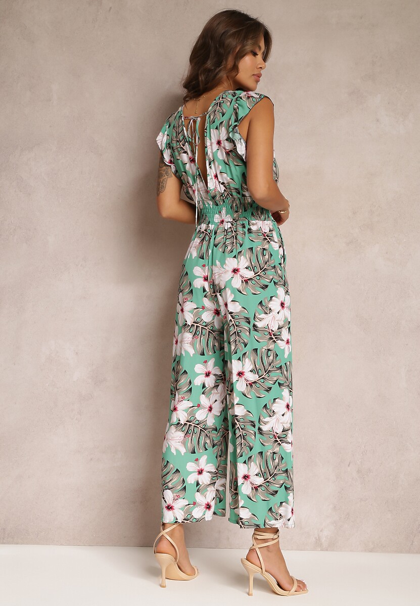 Miętowy Długi Kombinezon Bawełniany w Kwiaty Vegita