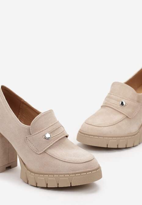 Beżowe Półbuty na Słupku i Platformie Albreide