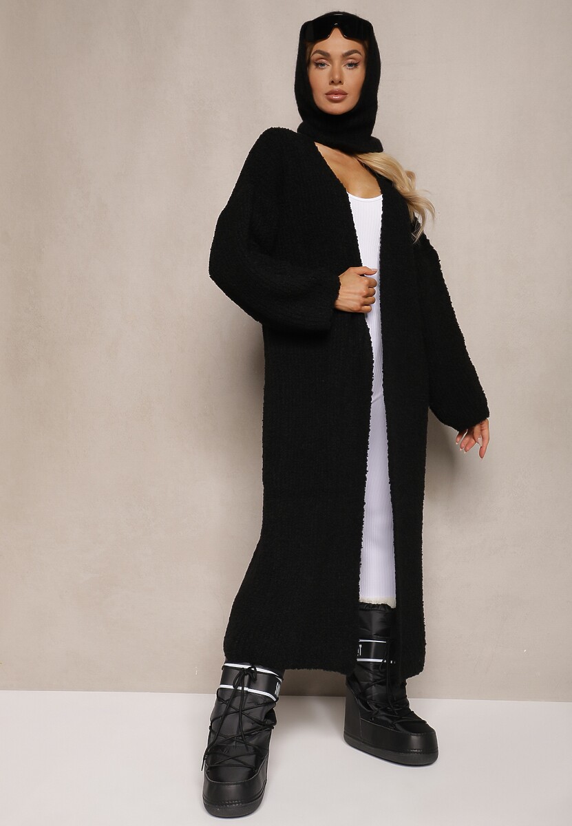 Czarny Niezapinany Kardigan z Wełną o Długim Kroju Temindriae