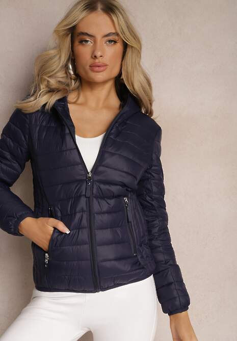 Granatowa Kurtka z Pikowaniem i Nieodpinanym Kapturem Kessane