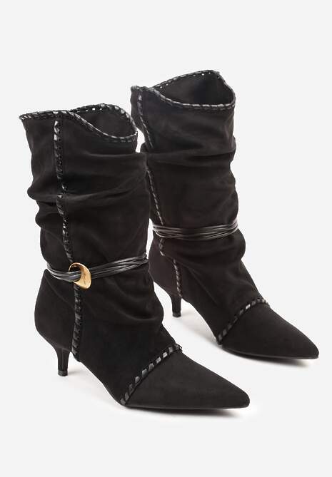 Czarne Botki na Kaczuszce Slouchy Ozdobione Metaliczną Aplikacją i Sznurkiem Avodvire