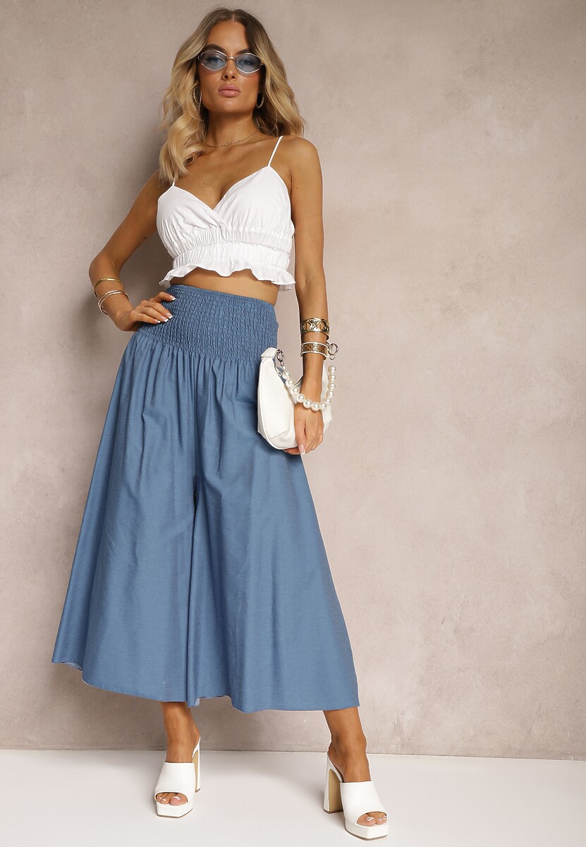 Jasnoniebieskie Spodnie Kuloty z Bawełny High Waist o Szerokim Kroju Wykończone Gumką w Pasie Alifrea