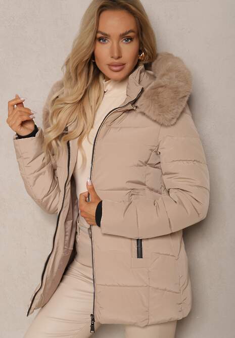 Beżowa Kurtka z Pikowanymi Przeszyciami i Futrzanym Kapturem z Możliwością Odpięcia Zinriya