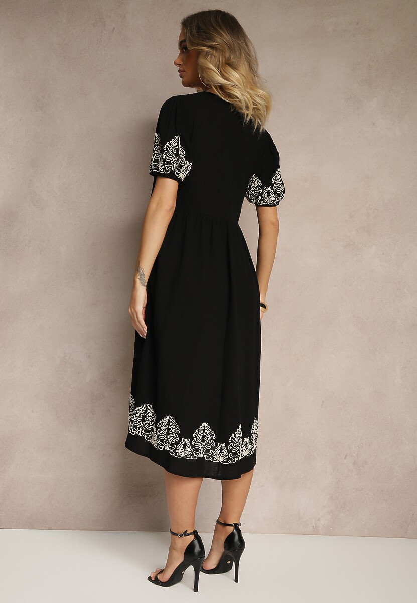Czarna Rozkloszowana Sukienka z Bawełny w Stylu Boho z Haftowanymi Zdobieniami Lannilsa