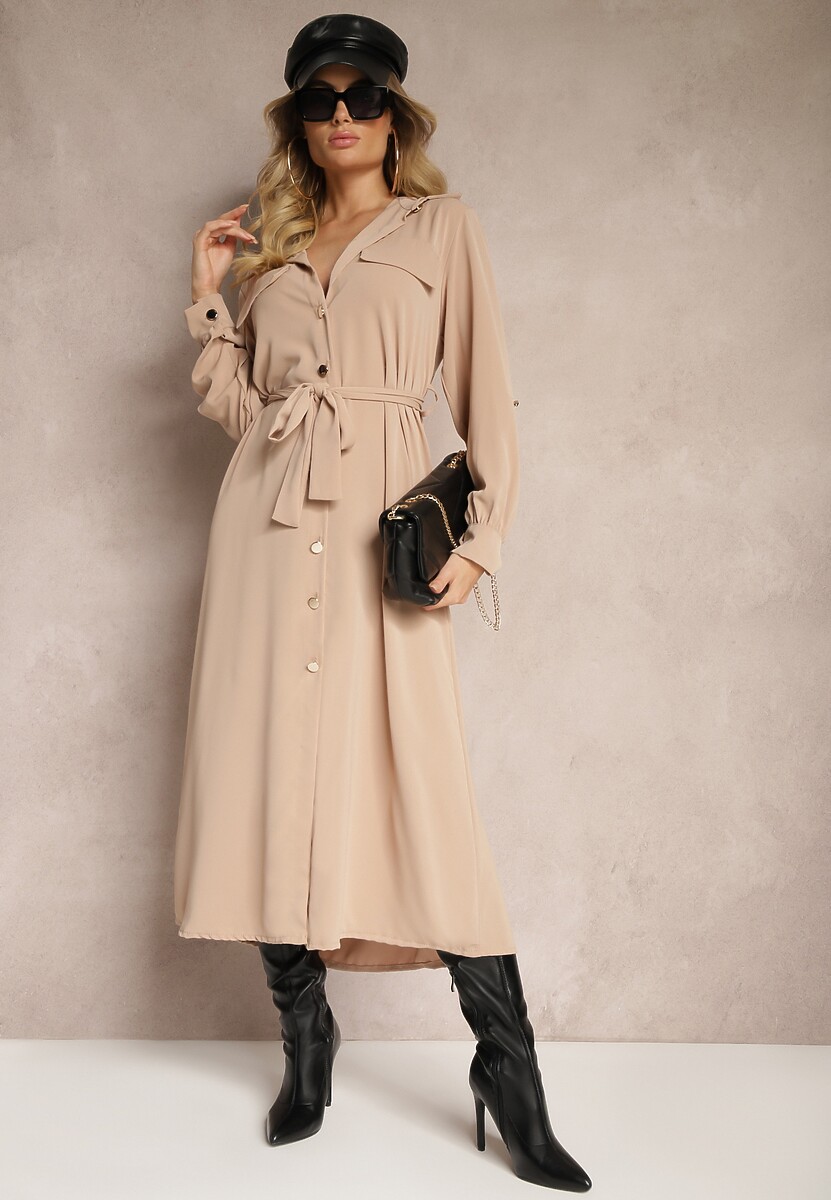 Beżowa Sukienka o Koszulowym Kroju z Rękawami z Możliwością Podpięcia i Wiązanym Paskiem Ivalorae