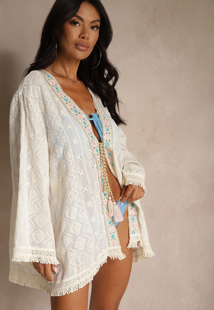 Beżowe Haftowane Plażowe Ponczo z Bawełny z Cekinami Nalisar