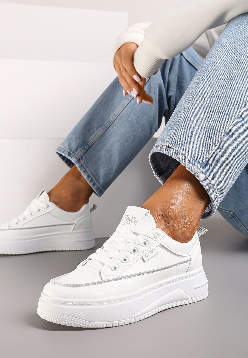 Biało-Szare Sneakersy na Platformie z Tłoczeniem i Sznurowaniem Erisandria