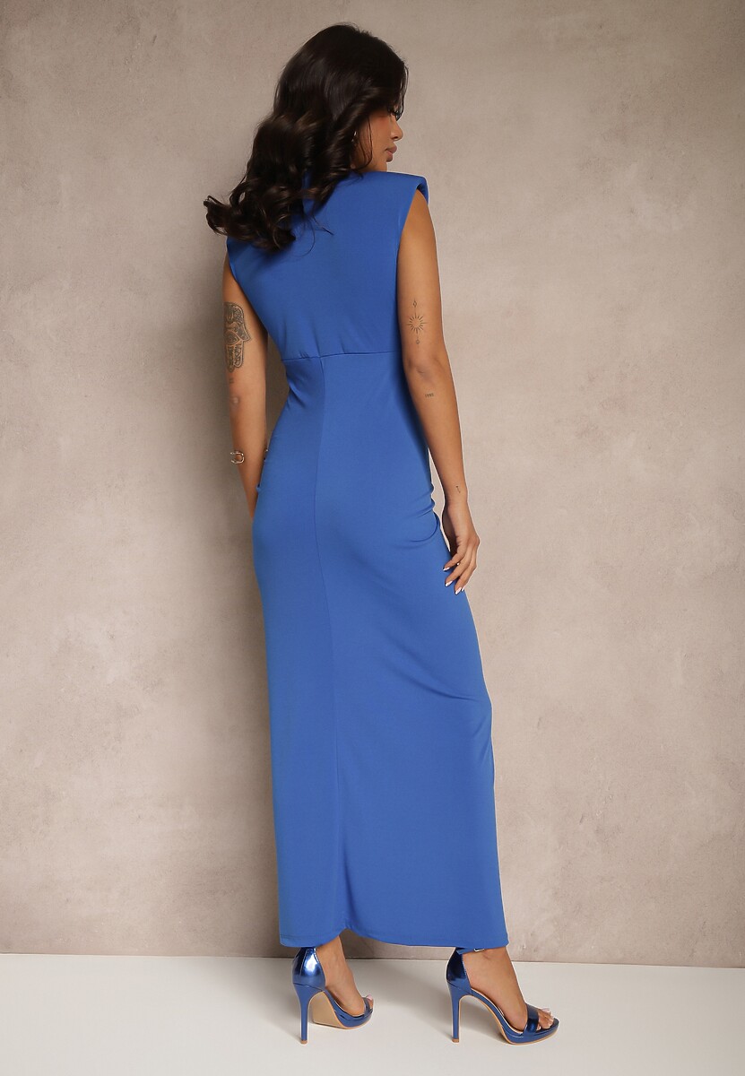 Niebieska Koktajlowa Sukienka Kopertowa Ozdobiona Guzikami i Marszczeniem Tdivaya