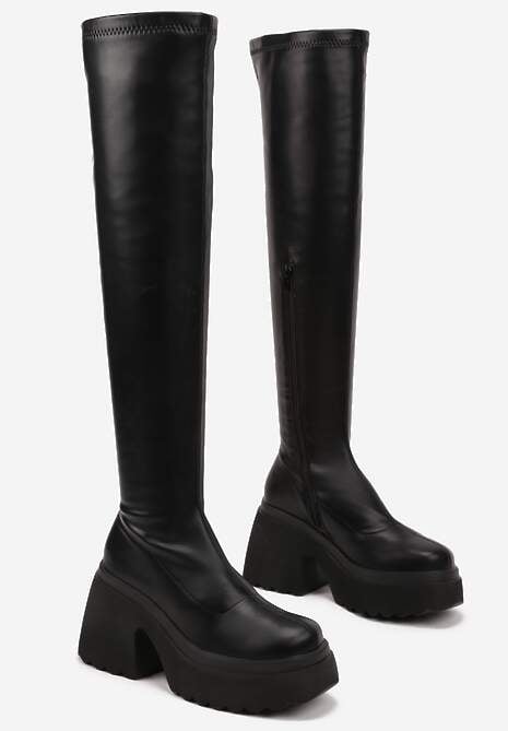 Czarne Kozaki na Platformie i Słupku z Dopasowaną Cholewką za Kolano Geniefra