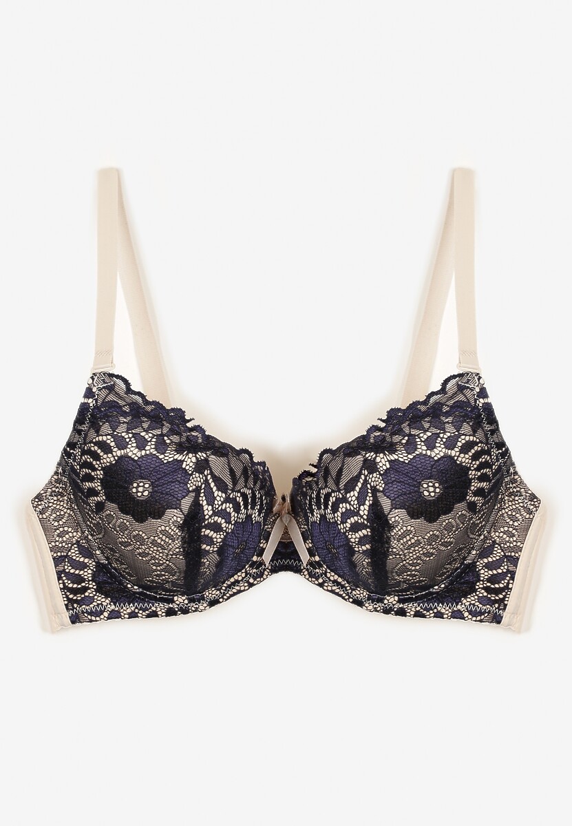 Granatowo-Beżowy Koronkowy Biustonosz z Kwiatowym Motywem Nelamis