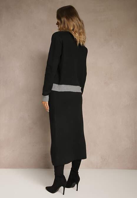 Szary Sweterkowy Komplet z Dzianiny z Bawełną Kardigan i Spódnica Derrive