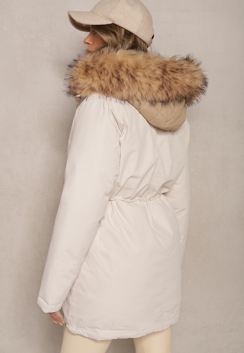 Jasnobeżowa Kurtka Parka Ściągana w Talii z Podwójnym Suwakiem i Kapturem z Futrem Edrieth