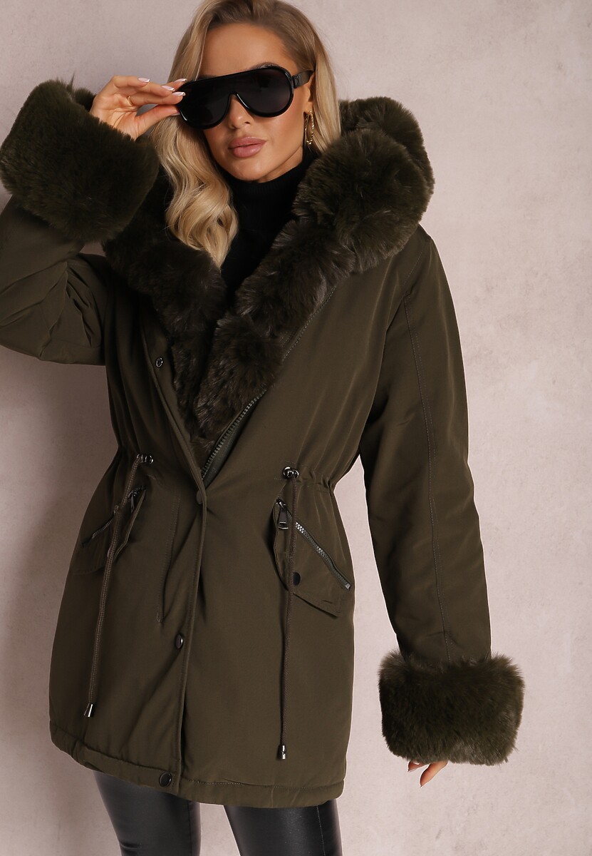 Ciemnozielona Kurtka Parka ze Ściągaczem i Kapturem z Futerkiem Bellad