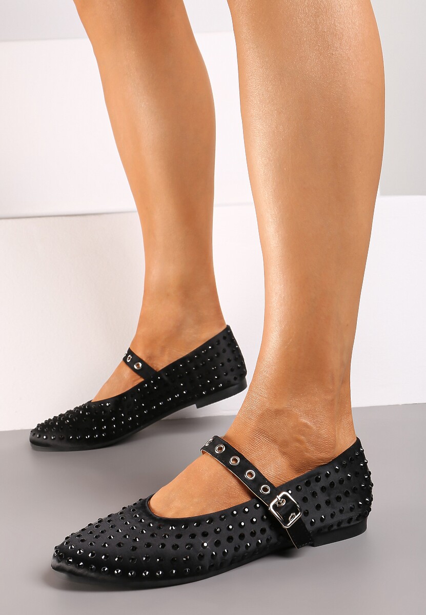 Czarne Cyrkoniowe Balerinki w Stylu Mary Jane na Płaskiej Podeszwie z Ozdobnym Paskiem Armiola