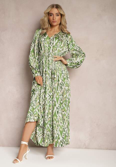 Zielona Rozkloszowana Sukienka Maxi z Gumką w Pasie Ozdobiona Abstrakcyjnym Wzorem Raliven
