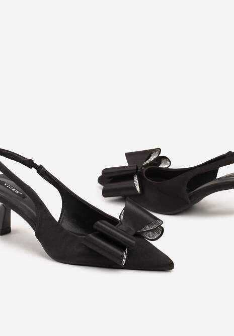 Czarne Czółenka Satynowe na Szpilce Kaczuszce Ozdobione Cyrkoniami i Kokardą Felabra