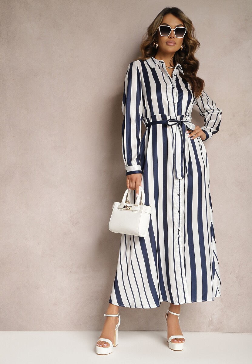 Biało-Granatowa Koszulowa Sukienka Ozdobiona Wzorem w Paski Wiązana w Talii Orintta