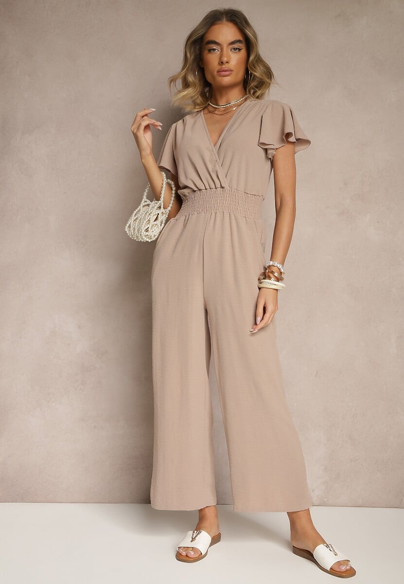 Beżowy Kombinezon o Kopertowym Kroju z Gumką w Talii Martalia