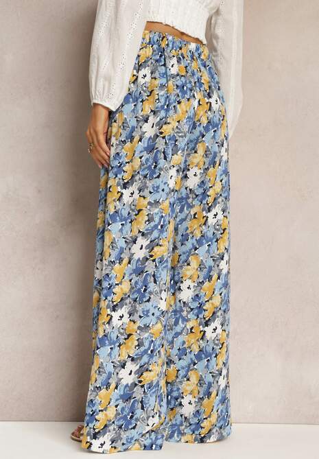 Niebieskie Długie Spodnie z Szerokimi Nogawkami oraz Kieszeniami i Materiałowym Paskiem Omina