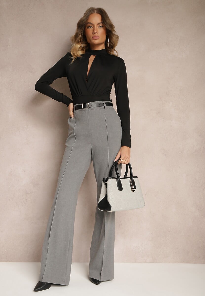 Jasnoszare Spodnie Garniturowe z Wiskozą High Waist o Szerokim Kroju Ceanita
