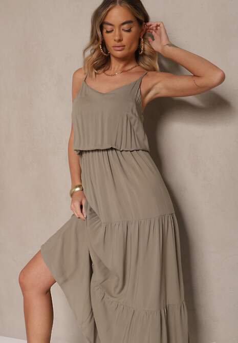 Zielona Rozkloszowana Sukienka z Wiskozy na Ramiączkach Flesira