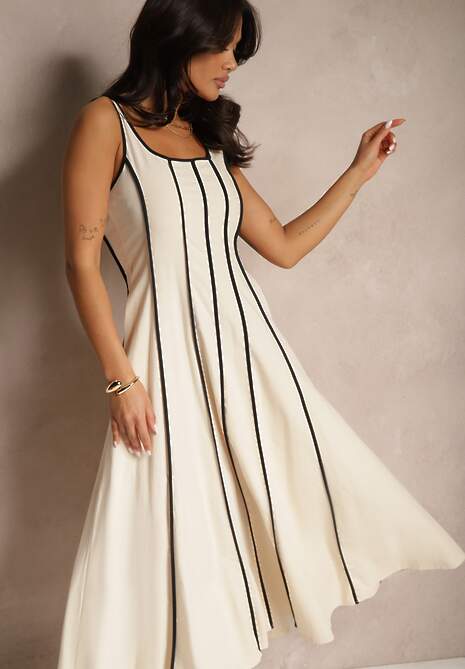 Jasnobeżowa Sukienka z Wiskozą o Rozkloszowanym Kroju w Pionowe Prążki Gonariel