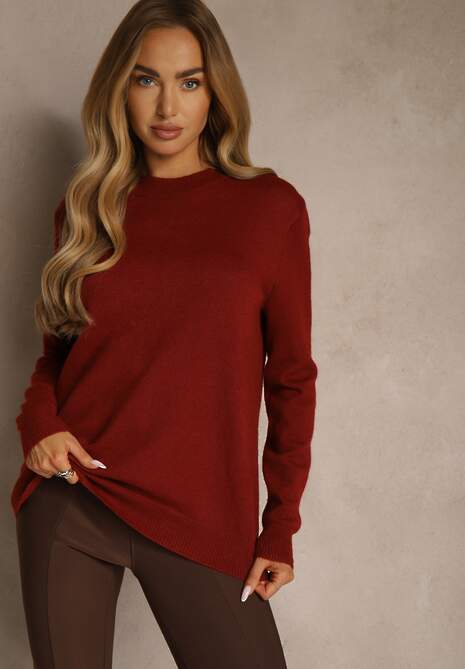 Bordowy Klasyczny Sweter z Wełną i Bawełną Meviliana