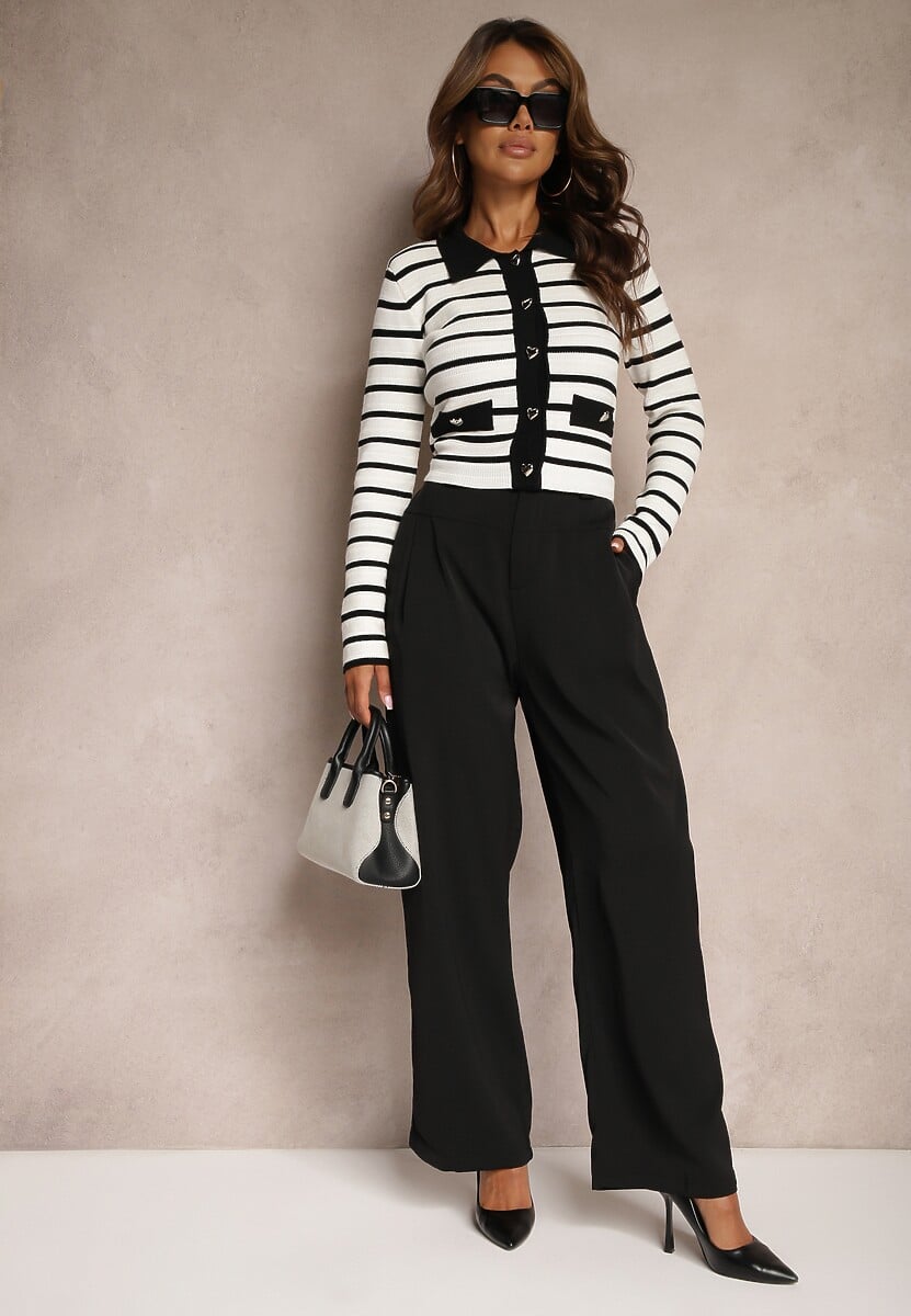 Czarne Szerokie Spodnie Garniturowe z Gumką w Talii Ozdobione Paskiem Verillias